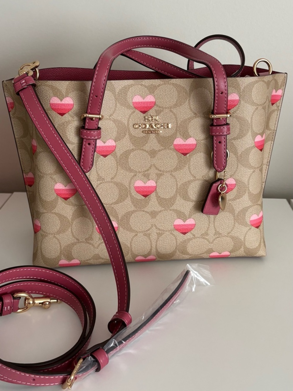 NEW Coach Beige Signature Tote with Pink Heart Print and Rose Trim authentic